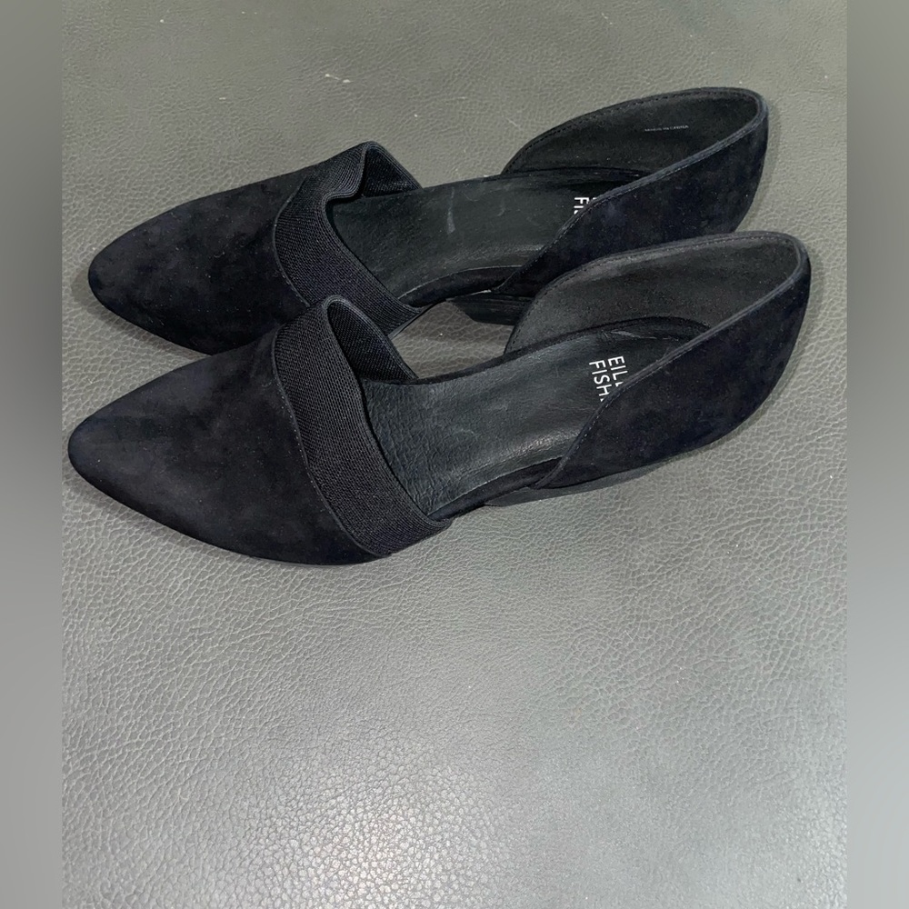 EILEEN FISHER Black Suede d’Orsay Flats | Elastic Band Slip-On | Size 7
